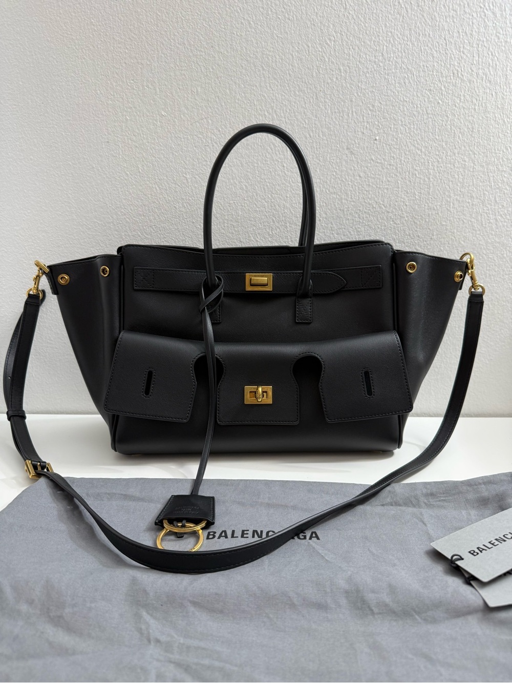 Balenciaga Bel Air Carry All Black Leather Shoulder Bag with Gold Hardware